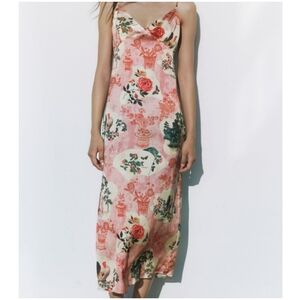Zara Pink Printed Midi Slip Dress Size M